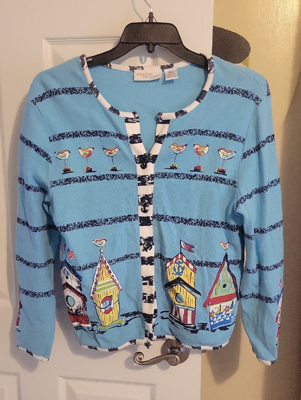 Onque Casuals SzSm  Light Blue Nautical Bird Embroider Anchor Button Cardigan